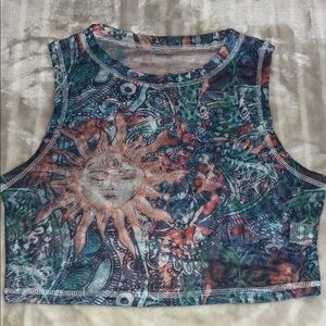 Colorful Sun and Moon Print Women's Crop Top (top is mesh see through)